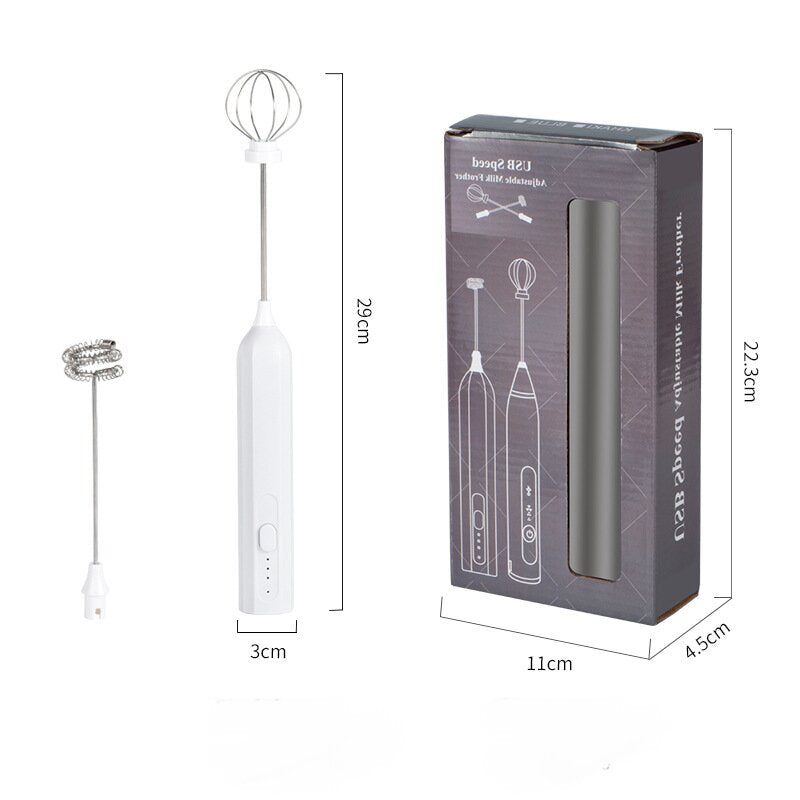 White Electric Milk Frother Handheld - USB Rechargeable Milk Foamer with 2 Whisks - Perfect for Coffee, Lattes, Cappuccinos &amp; More