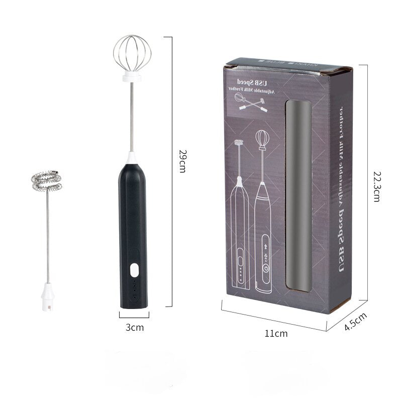 Black Electric Milk Frother Handheld - USB Rechargeable Milk Foamer with 2 Whisks - Perfect for Coffee, Lattes, Cappuccinos &amp; More