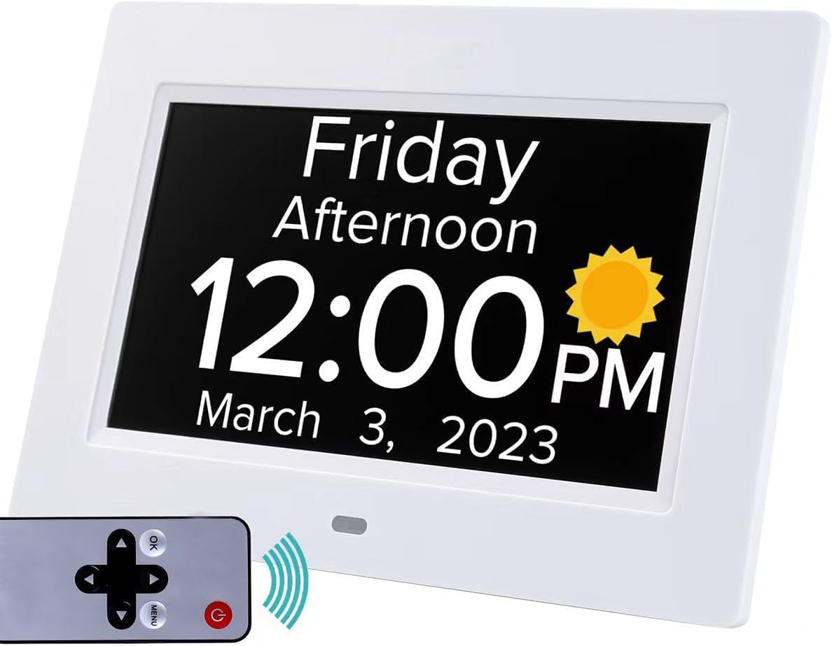 White Crystal Clear 7-Inch Digital Day Clock with Auto Dimming &amp; Voice Assist - Perfect for Seniors