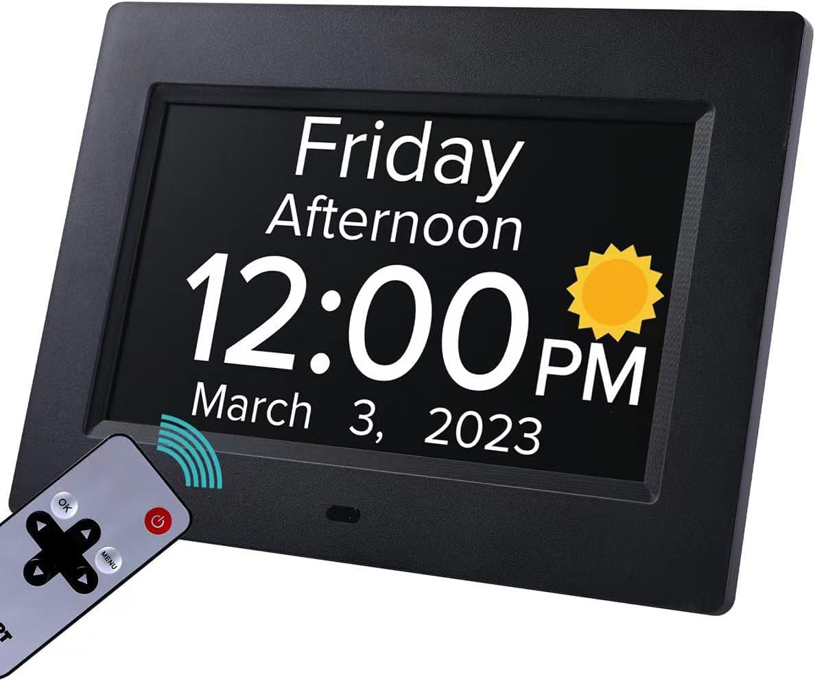 Black Crystal Clear 7-Inch Digital Day Clock with Auto Dimming &amp; Voice Assist - Perfect for Seniors