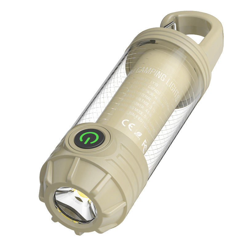 2 PCS Khaki Portable Outdoor Camping Light with 6 Modes & Keychain Hook - Multi-Source Mini Flashlight, IPX4 Waterproof