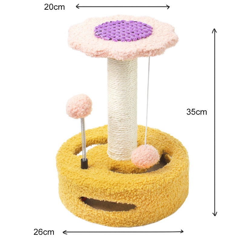 Yellow Bold Flower Cat Scratching Post - Interactive Plush &amp; Sisal Cat Toy with Teaser Balls