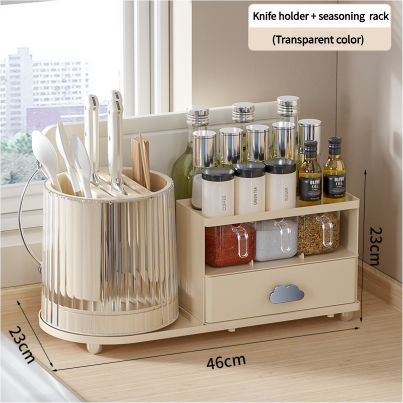All-in-One Kitchen Countertop Organizer | Rotating Utensil Holder, Knife Block &amp; Spice Rack with Drawer | Transparent color