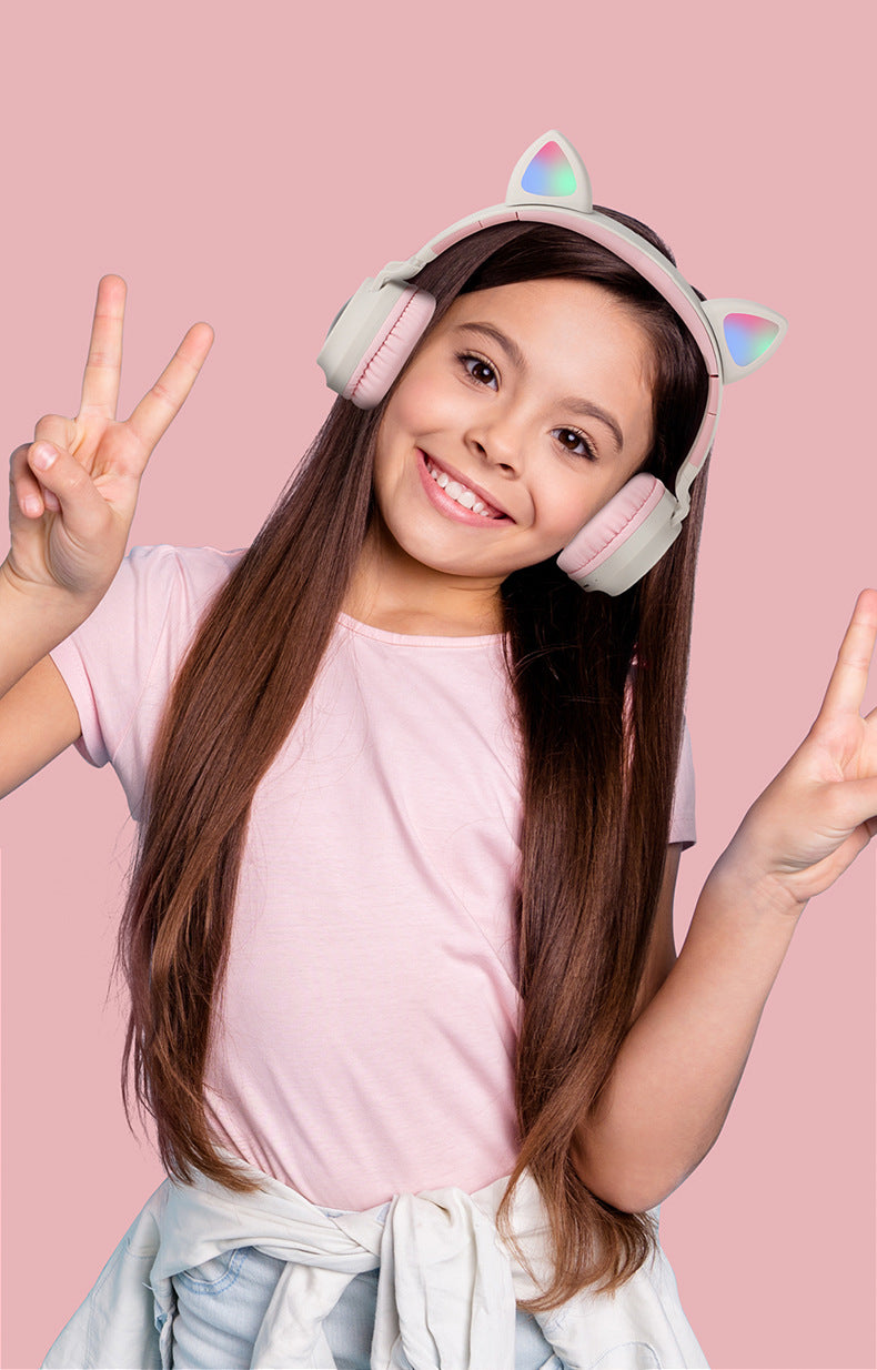 Adorable Cat Ear Wireless Headphones - Bluetooth 5.0, Foldable Design, Glowing RGB LED Lights - Cute Pink  Headset