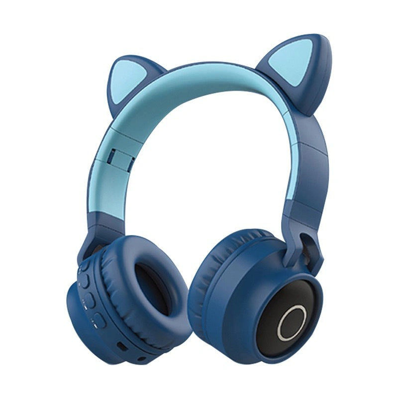 Adorable Cat Ear Wireless Headphones - Bluetooth 5.0, Foldable Design, Glowing RGB LED Lights - Cute Dark Blue Headset