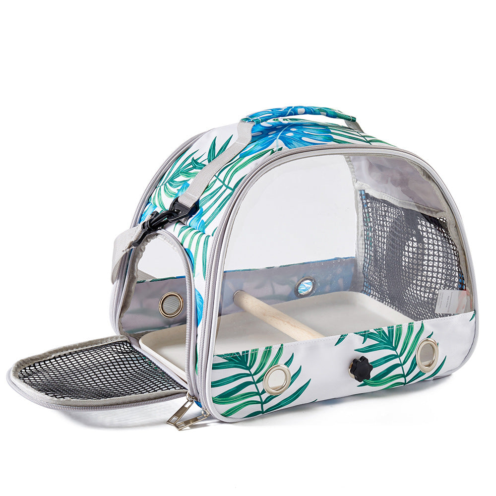 Stylish Leaf Print Clear View Bird Carrier - Portable Travel Cage with Perch &amp; Tray for Parrots, Cockatiels &amp; Small Pets