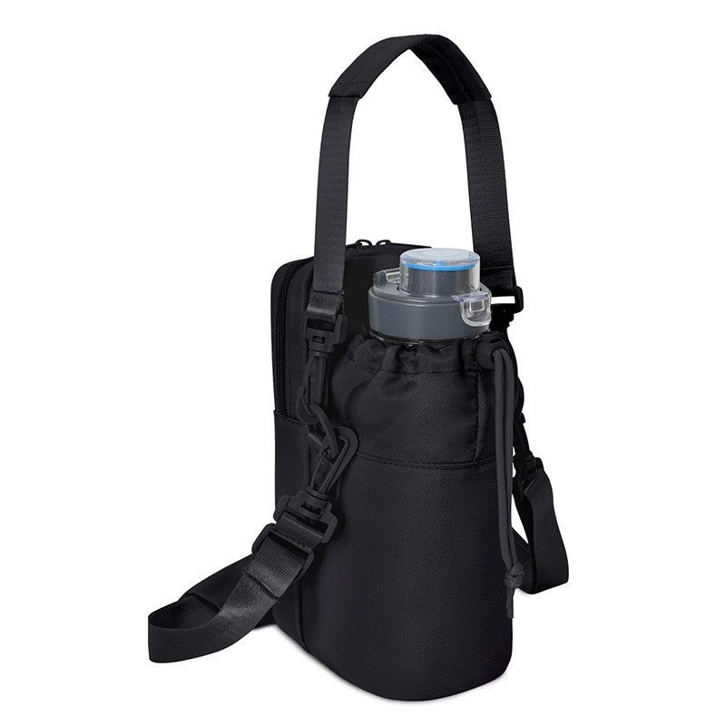 Black Stylish Water Bottle Carrier Bag with Phone Pocket, Key Clip &amp; Adjustable Strap - Crossbody Sling Holder