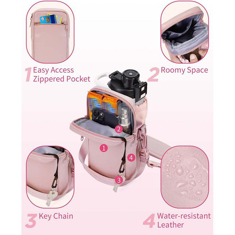 Pink Stylish Water Bottle Carrier Bag with Phone Pocket, Key Clip & Adjustable Strap - Crossbody Sling Holder