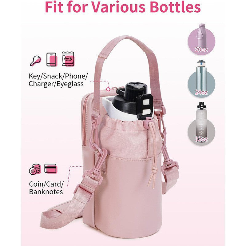 Pink Stylish Water Bottle Carrier Bag with Phone Pocket, Key Clip & Adjustable Strap - Crossbody Sling Holder