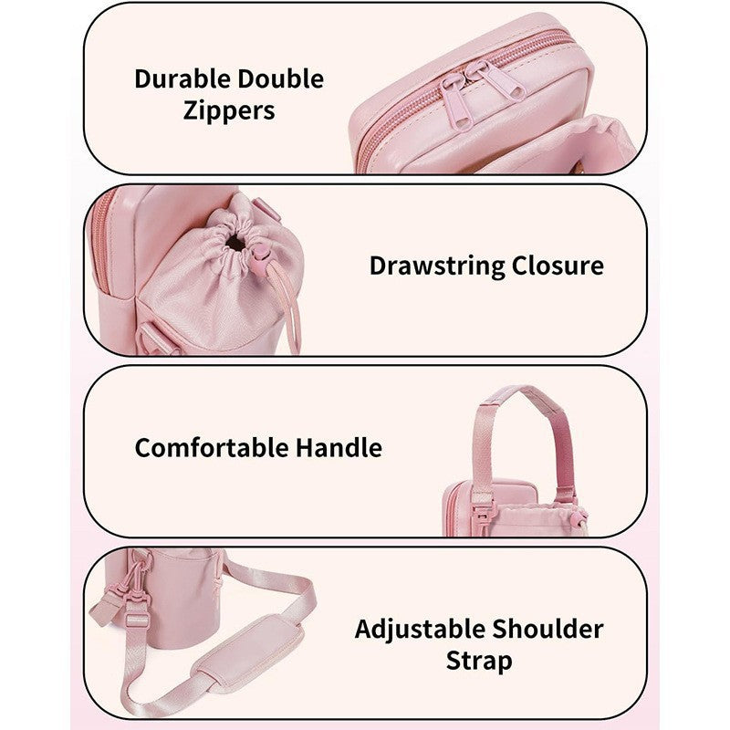Beige Stylish Water Bottle Carrier Bag with Phone Pocket, Key Clip & Adjustable Strap - Crossbody Sling Holder