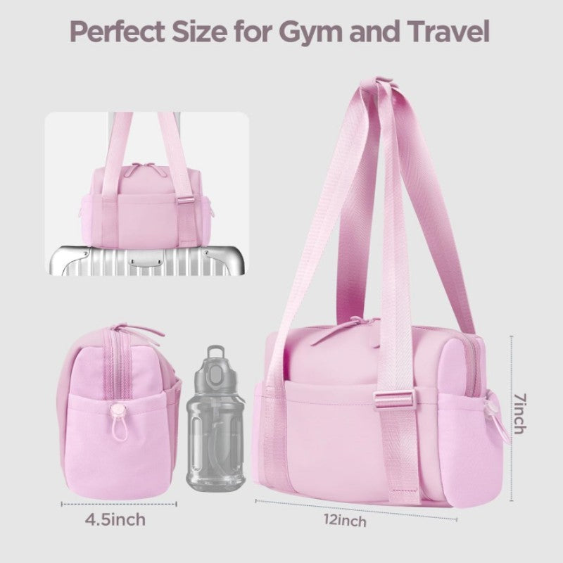 Stylish white Mini Gym Bag & Travel Tote - Compact Duffel with Wet Pocket, Luggage Sleeve & Multiple Compartments