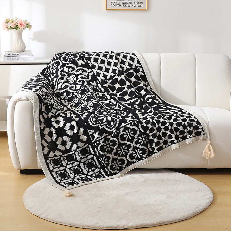 Bohemian Style Sofa Throw Blanket - Black Soft Faux Cashmere, 130x170cm (850g) for Office Naps &amp; AC Cover