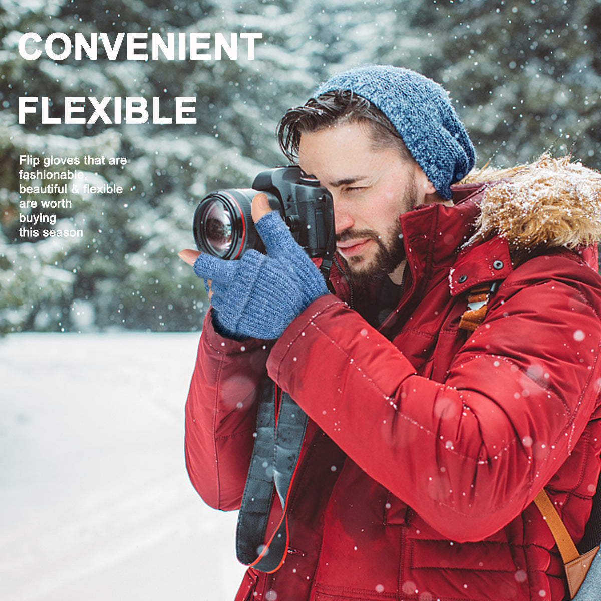 Black Winter Convertible Mittens - Warm Knitted 2-in-1 Fingerless Gloves with Flip Top Cover for Cold Weather