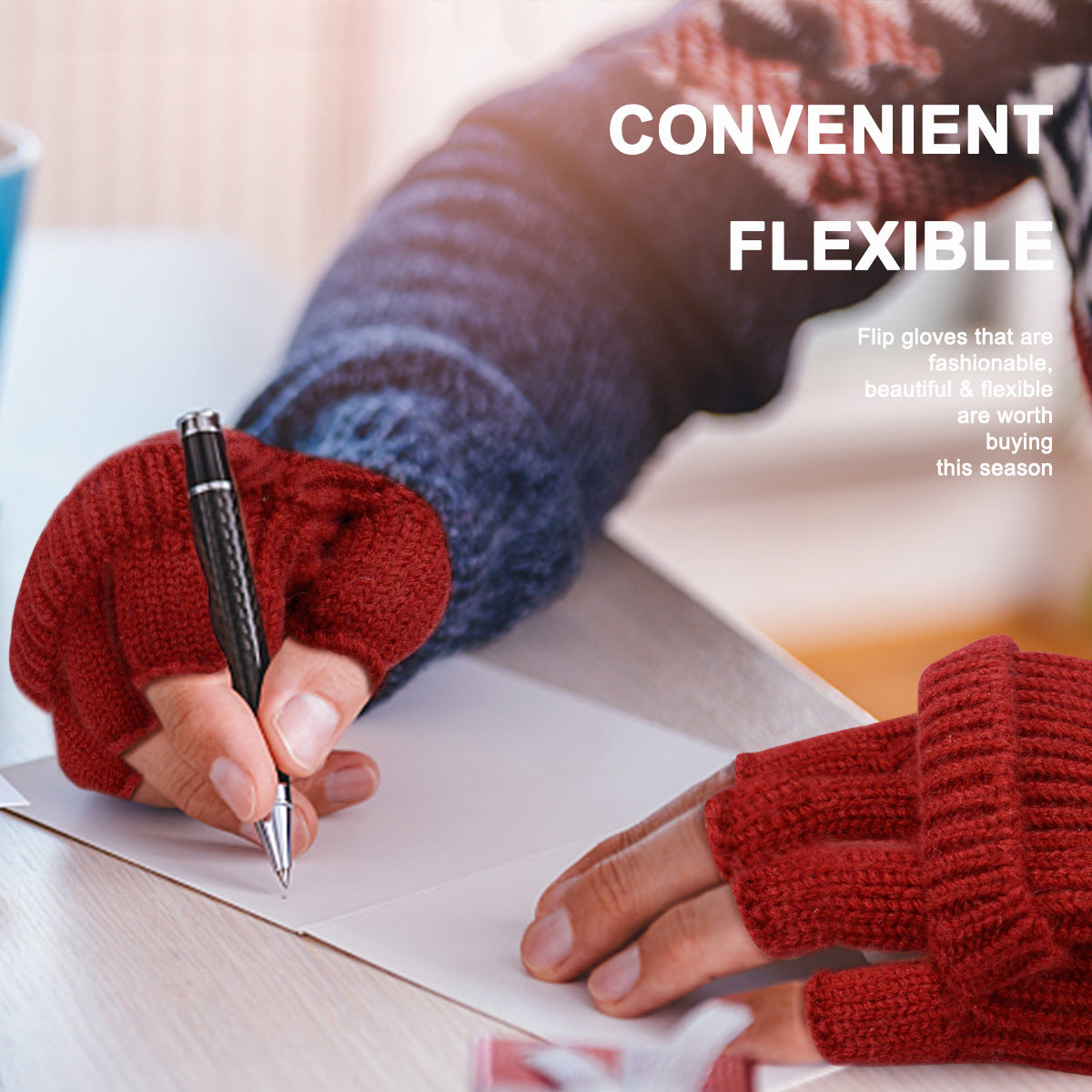 Yellow Winter Convertible Mittens - Warm Knitted 2-in-1 Fingerless Gloves with Flip Top Cover for Cold Weather