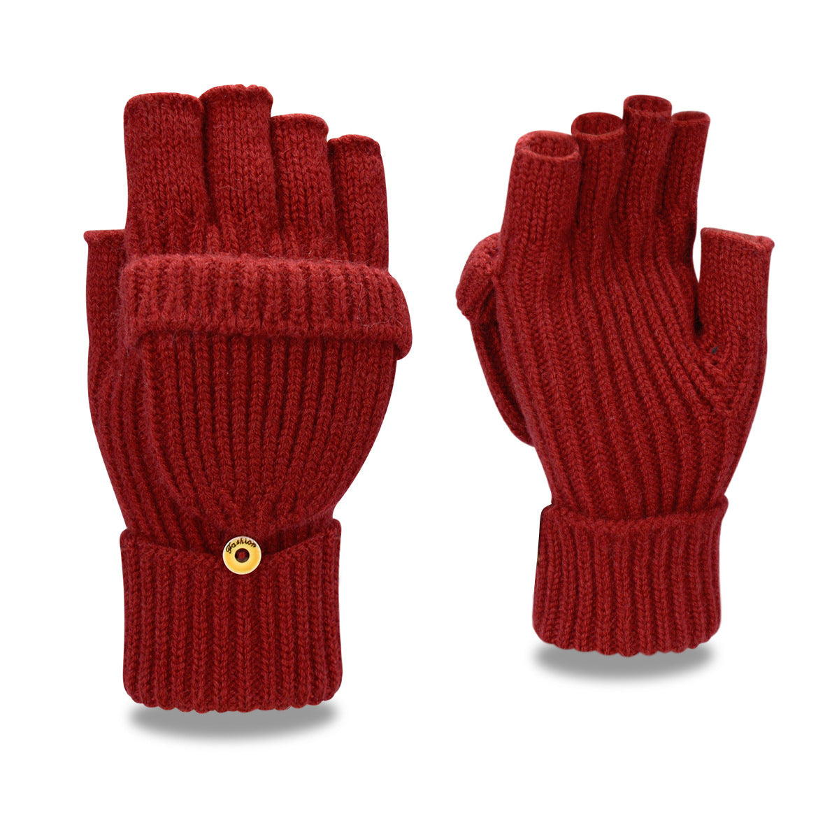 Wine Red Winter Convertible Mittens - Warm Knitted 2-in-1 Fingerless Gloves with Flip Top Cover for Cold Weather