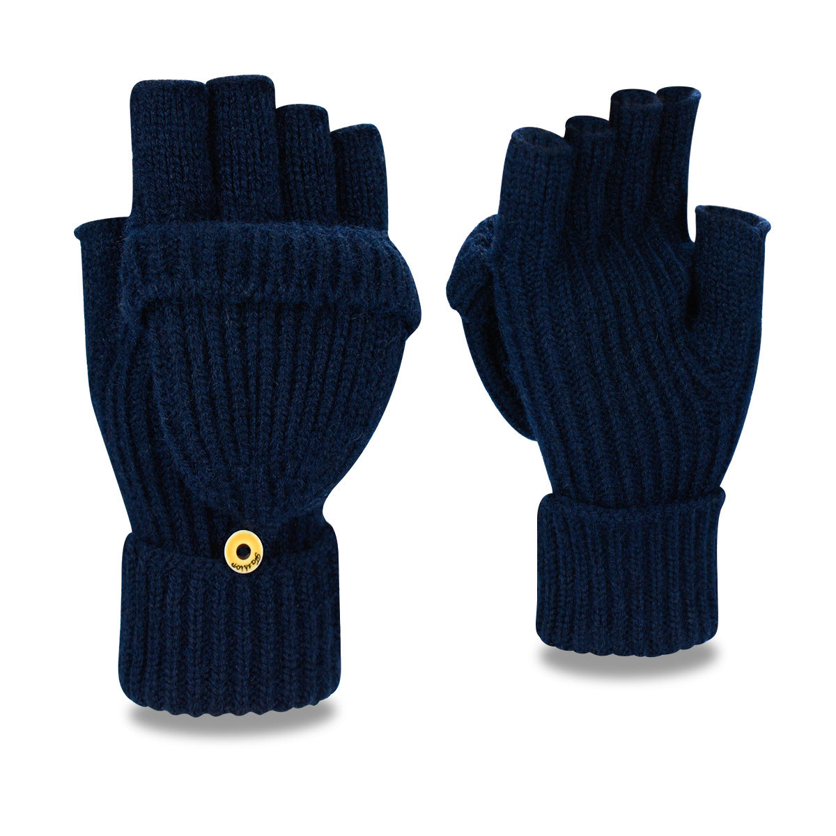 Navy Blue Winter Convertible Mittens - Warm Knitted 2-in-1 Fingerless Gloves with Flip Top Cover for Cold Weather