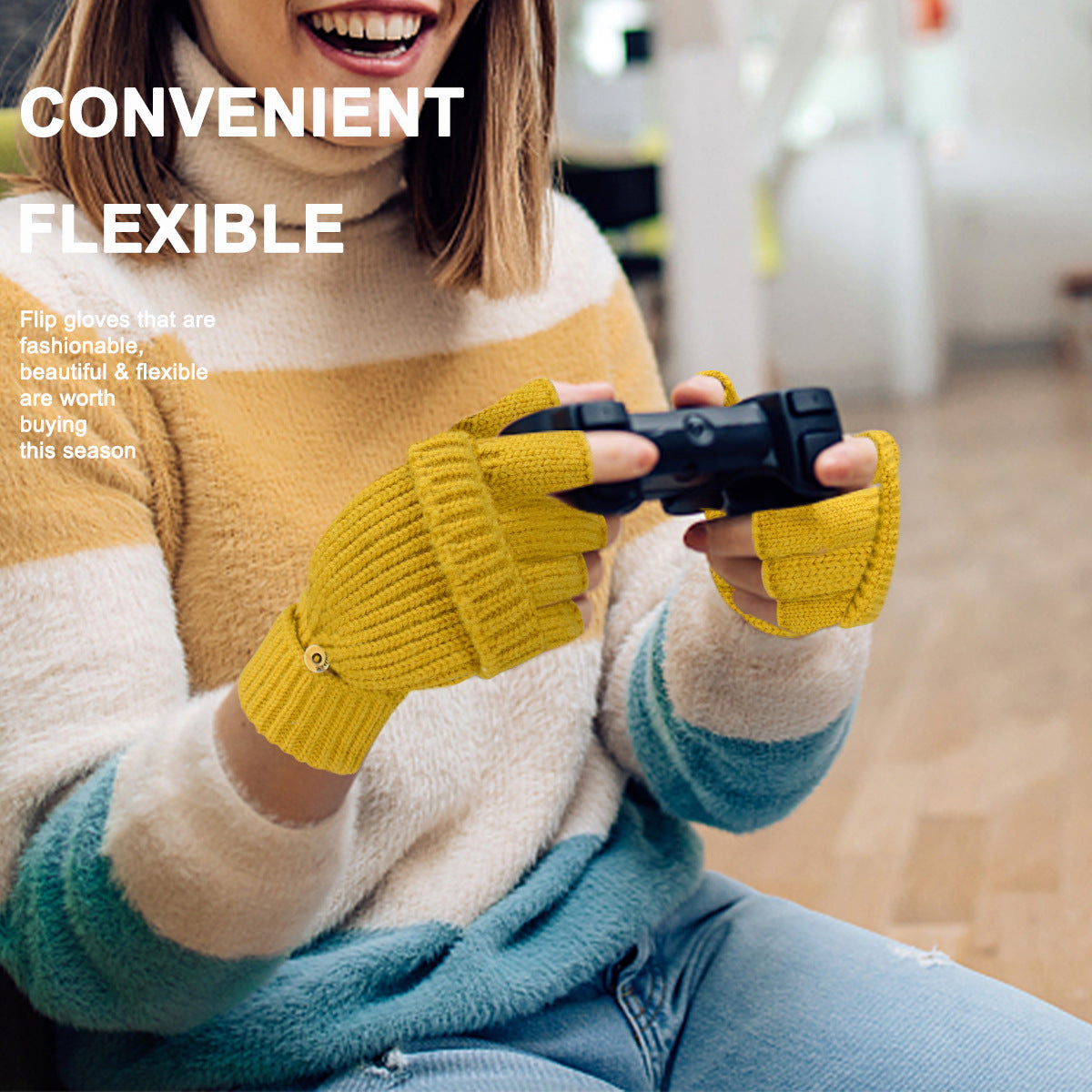 Navy Blue Winter Convertible Mittens - Warm Knitted 2-in-1 Fingerless Gloves with Flip Top Cover for Cold Weather