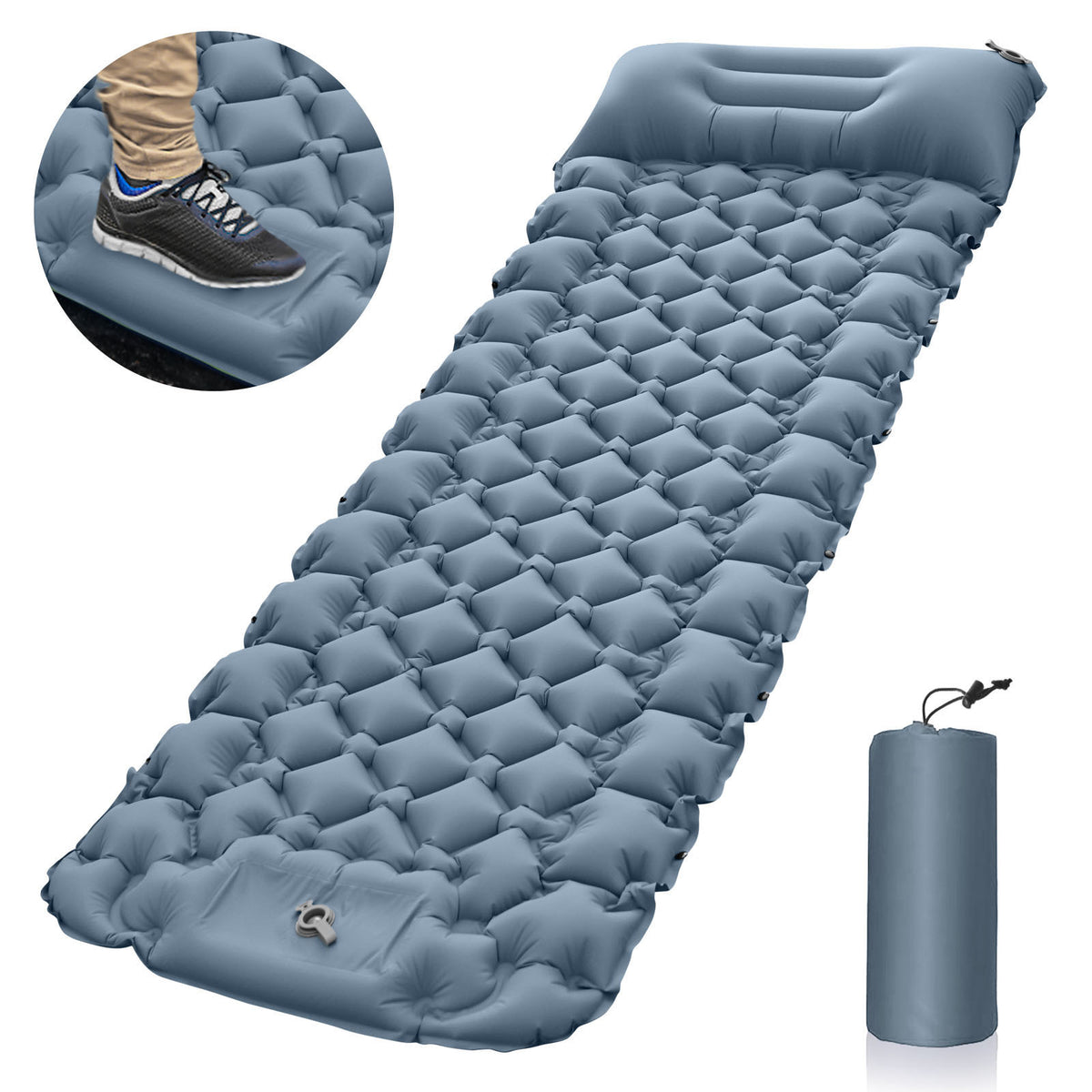 Grey Portable Outdoor Inflatable Mat - Foot-Operated Camping Sleeping Pad
