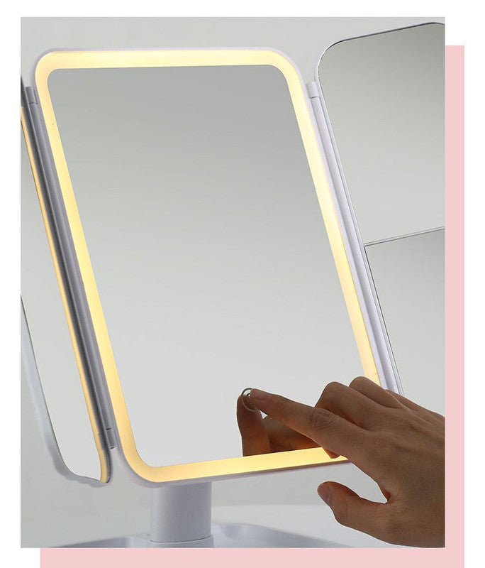 Elegant Tri-Fold Shell LED Vanity Mirror - Smart Makeup Gift with Storage & Illumination