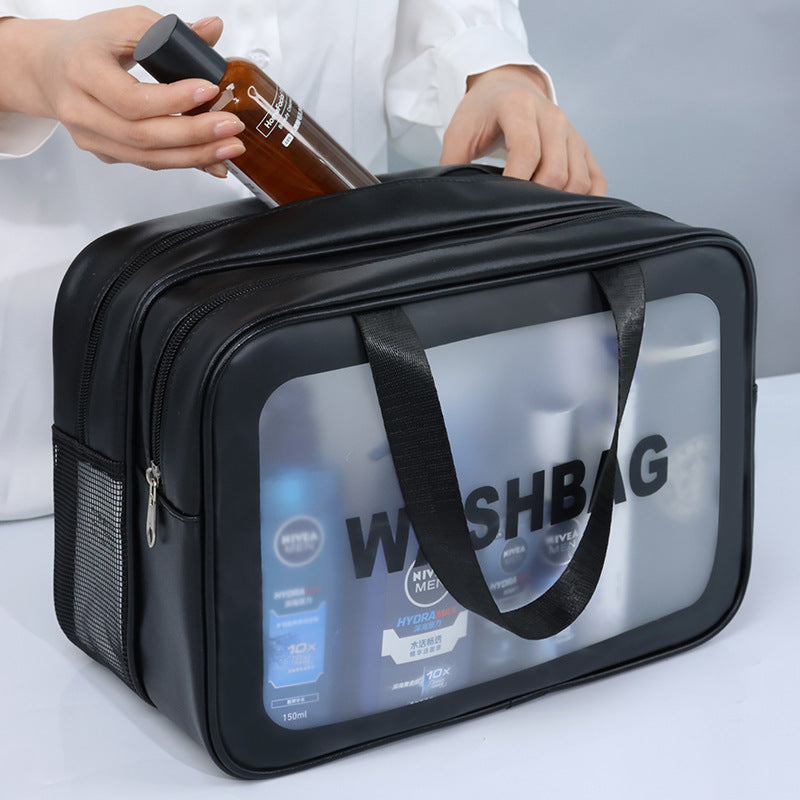 2PCS Dual-Layer Transparent PU Cosmetic Pouch - Wet and Dry Separation, Large size(31*15*20cm)- milk apricot white