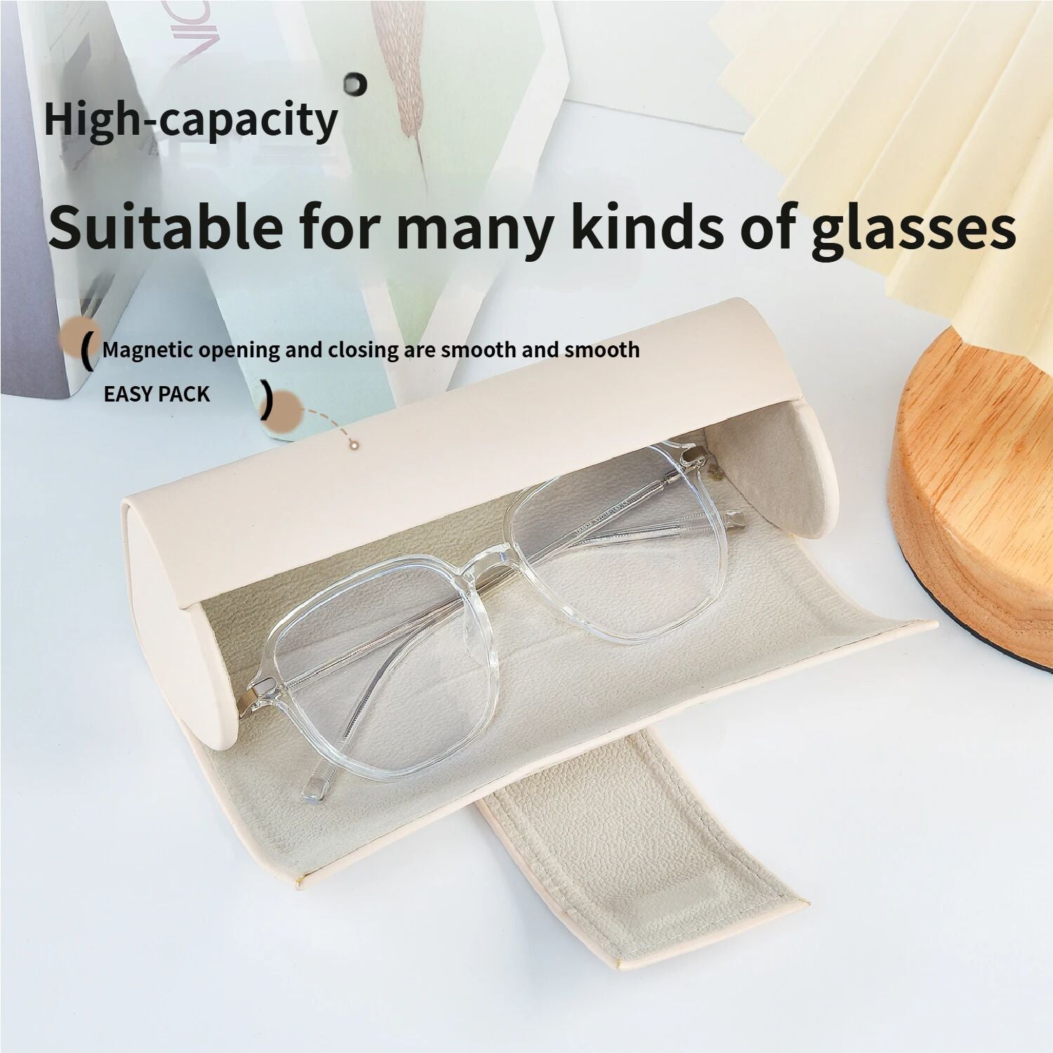 3 PCS Cute Bear PU Leather Glasses Case Large Capacity - Portable Protective Sunglasses Holder for Big Frames - Beige Eyewear Storage Box