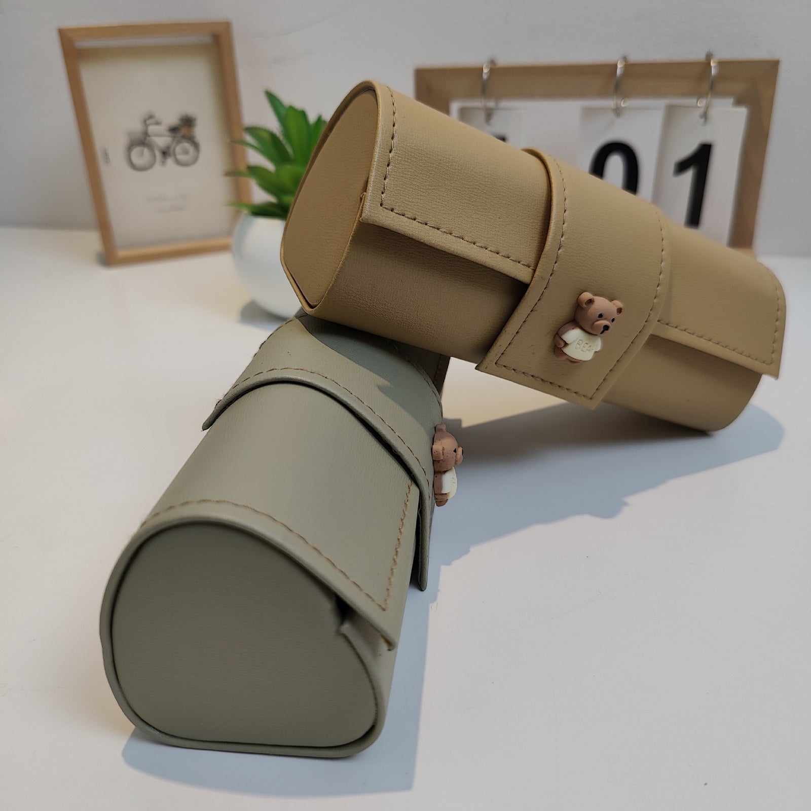 3 PCS Cute Bear PU Leather Glasses Case Large Capacity - Portable Protective Sunglasses Holder for Big Frames - Green Eyewear Storage Box