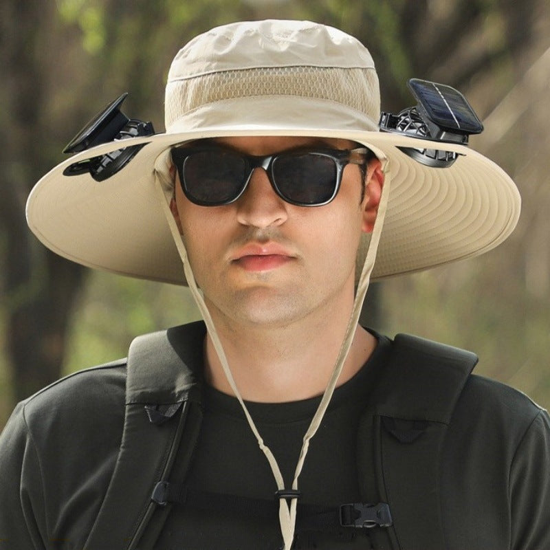 khaki Outdoor Sun Hat with Solar Fan Wide Brim 12cm - Rechargeable Cooling Cap for Fishing Hiking &amp; Gardening - Adjustable 56-60cm
