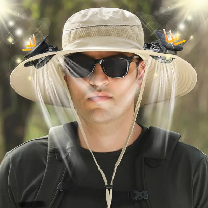 khaki Outdoor Sun Hat with Solar Fan Wide Brim 12cm - Rechargeable Cooling Cap for Fishing Hiking & Gardening - Adjustable 56-60cm
