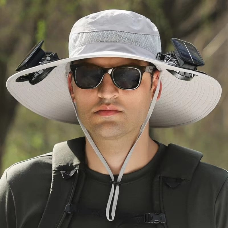 Grey Outdoor Sun Hat with Solar Fan Wide Brim 12cm - Rechargeable Cooling Cap for Fishing Hiking &amp; Gardening - Adjustable 56-60cm