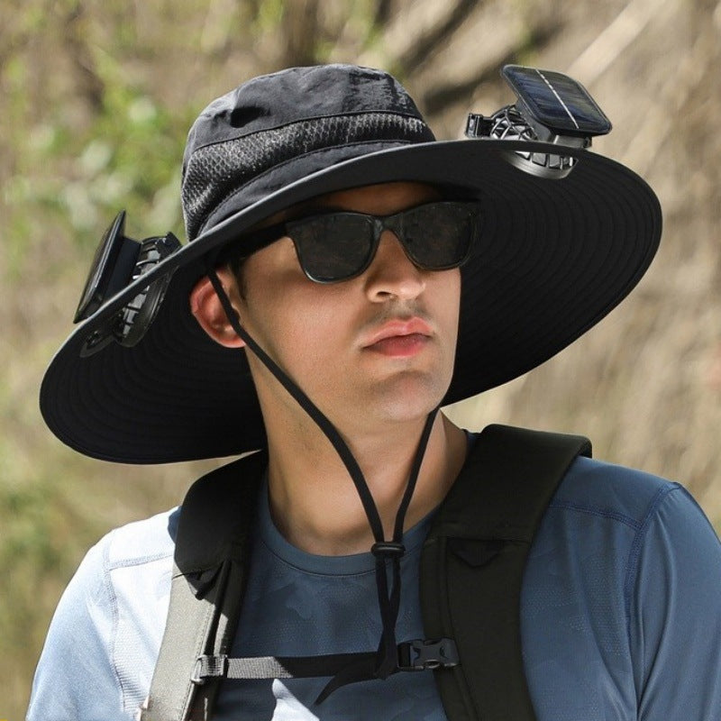 Grey Outdoor Sun Hat with Solar Fan Wide Brim 12cm - Rechargeable Cooling Cap for Fishing Hiking & Gardening - Adjustable 56-60cm