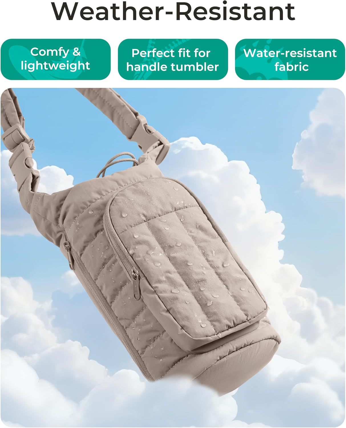 Light Pink Quilted Water Bottle Carrier Bag with Large Phone Pocket - Insulated Tumbler Pouch with Adjustable Shoulder Strap - Crossbody Water Bottle Holder for18oz to 64ozTumblers, Gym, and Travel