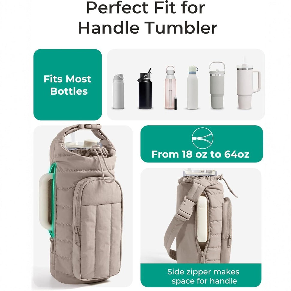 Camel Quilted Water Bottle Carrier Bag with Large Phone Pocket - Insulated Tumbler Pouch with Adjustable Shoulder Strap - Crossbody Water Bottle Holder for18oz to 64ozTumblers, Gym, and Travel