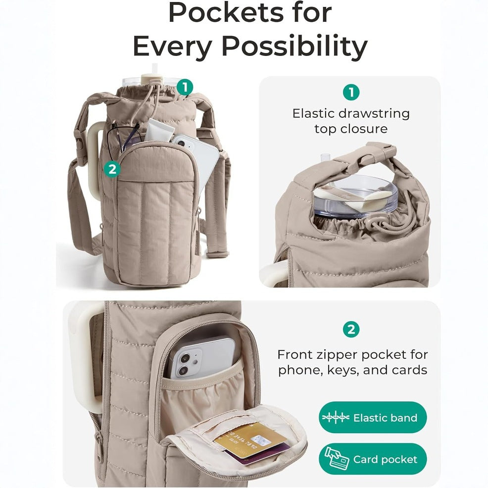 Camel Quilted Water Bottle Carrier Bag with Large Phone Pocket - Insulated Tumbler Pouch with Adjustable Shoulder Strap - Crossbody Water Bottle Holder for18oz to 64ozTumblers, Gym, and Travel