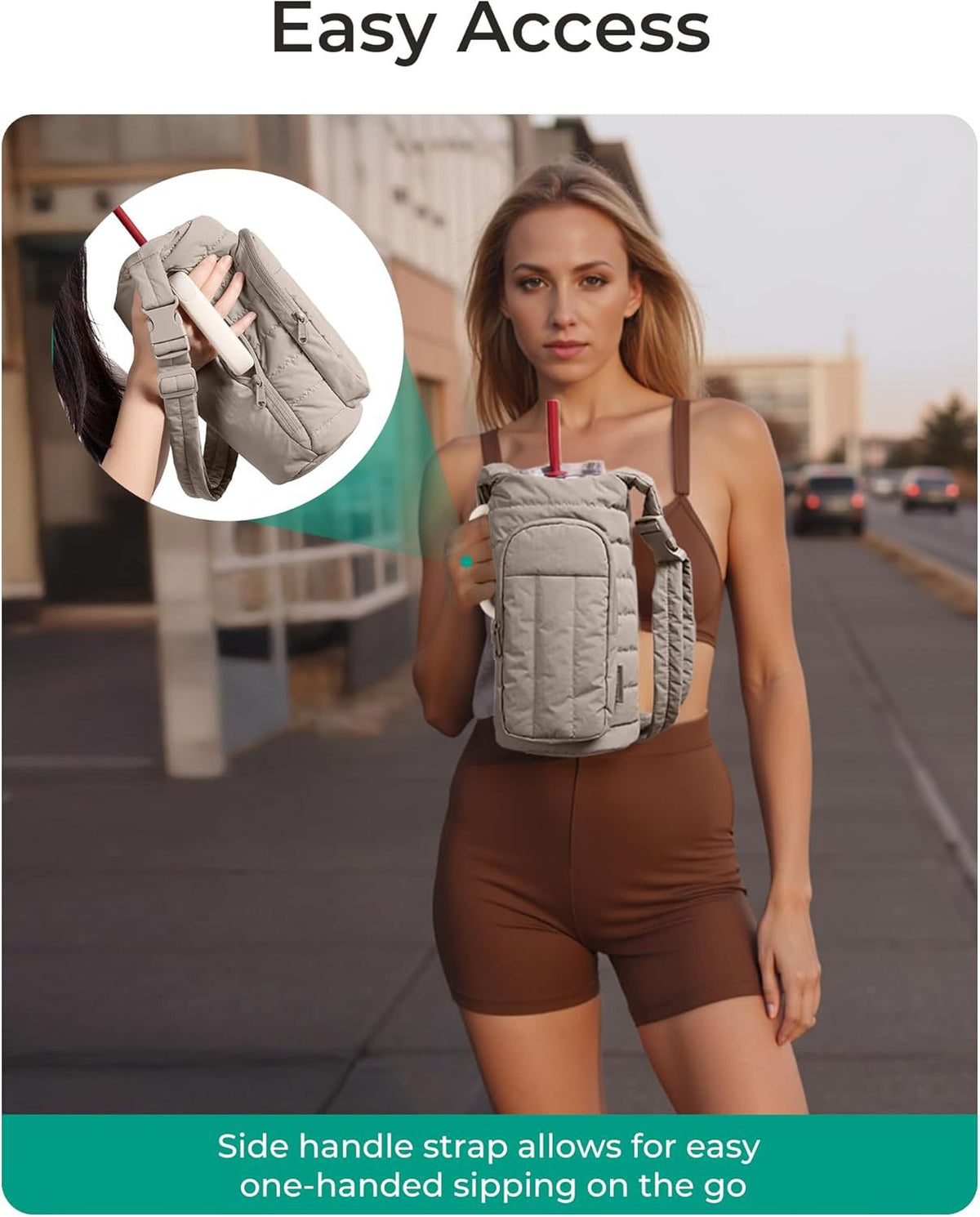 Camel Quilted Water Bottle Carrier Bag with Large Phone Pocket - Insulated Tumbler Pouch with Adjustable Shoulder Strap - Crossbody Water Bottle Holder for18oz to 64ozTumblers, Gym, and Travel