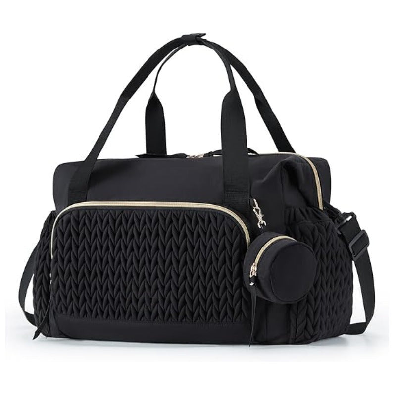Black Large Quilted Diaper Bag Tote - Multi-functional Travel Baby Bag with Changing Pad and Pacifier Pouch - Stylish Hospital Bag for Labor and Delivery