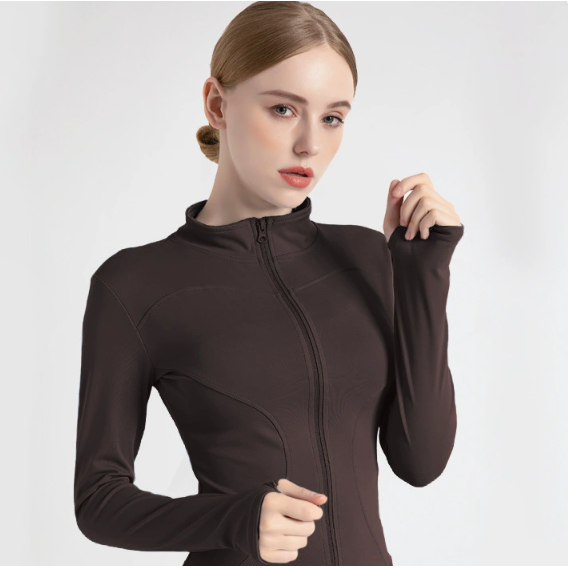 L Coffee Brown High-Stretch Slim Fit Yoga Jacket - Full Zip Workout Sports Jacket for Women