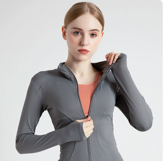 XXL Grey High-Stretch Slim Fit Yoga Jacket - Full Zip Workout Sports Jacket for Women