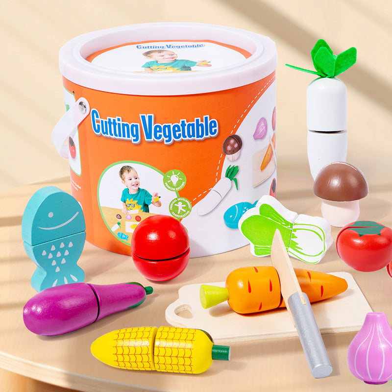 Kids Wooden Vegetable Cutting Toy Set - 18x15cm, Includes Knife, Fish, Carrot, Tomato &amp; More