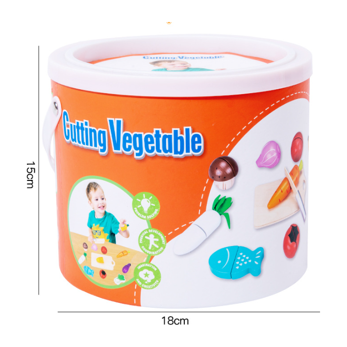 Kids Wooden Vegetable Cutting Toy Set - 18x15cm, Includes Knife, Fish, Carrot, Tomato & More
