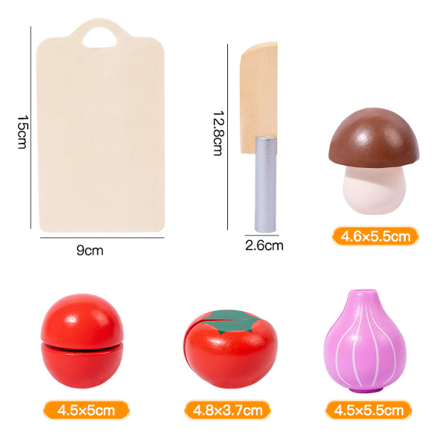 Kids Wooden Vegetable Cutting Toy Set - 18x15cm, Includes Knife, Fish, Carrot, Tomato & More