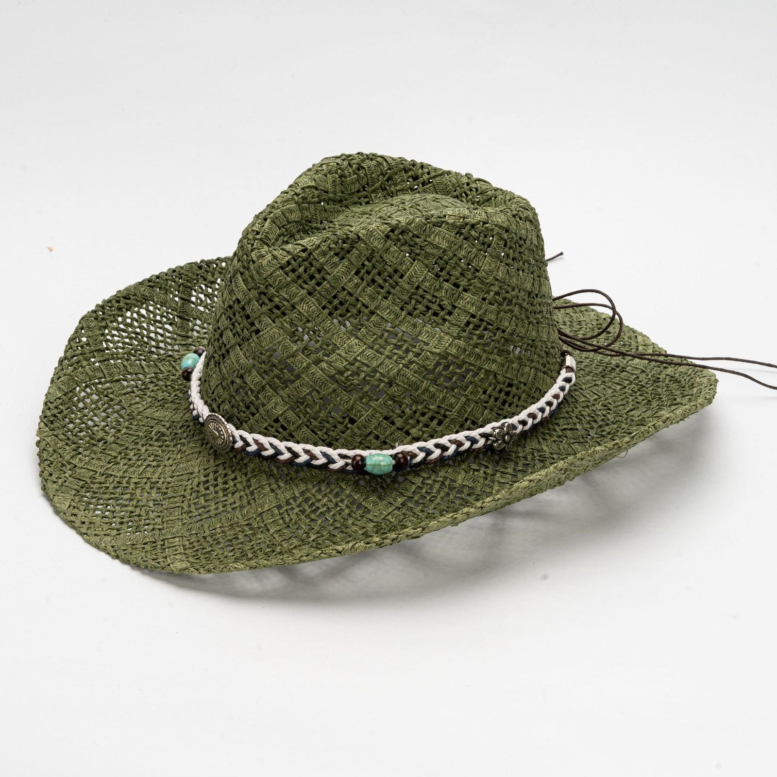 Green Handmade Straw Cowboy Hat, Summer Sun Hat, Outdoor Sun Protection, Fits Head Size 58-59cm