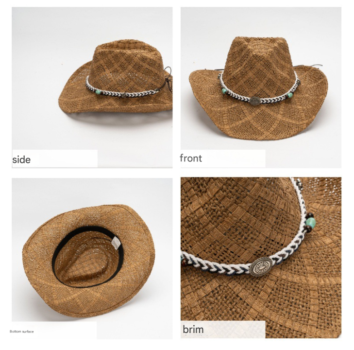 Green Handmade Straw Cowboy Hat, Summer Sun Hat, Outdoor Sun Protection, Fits Head Size 58-59cm