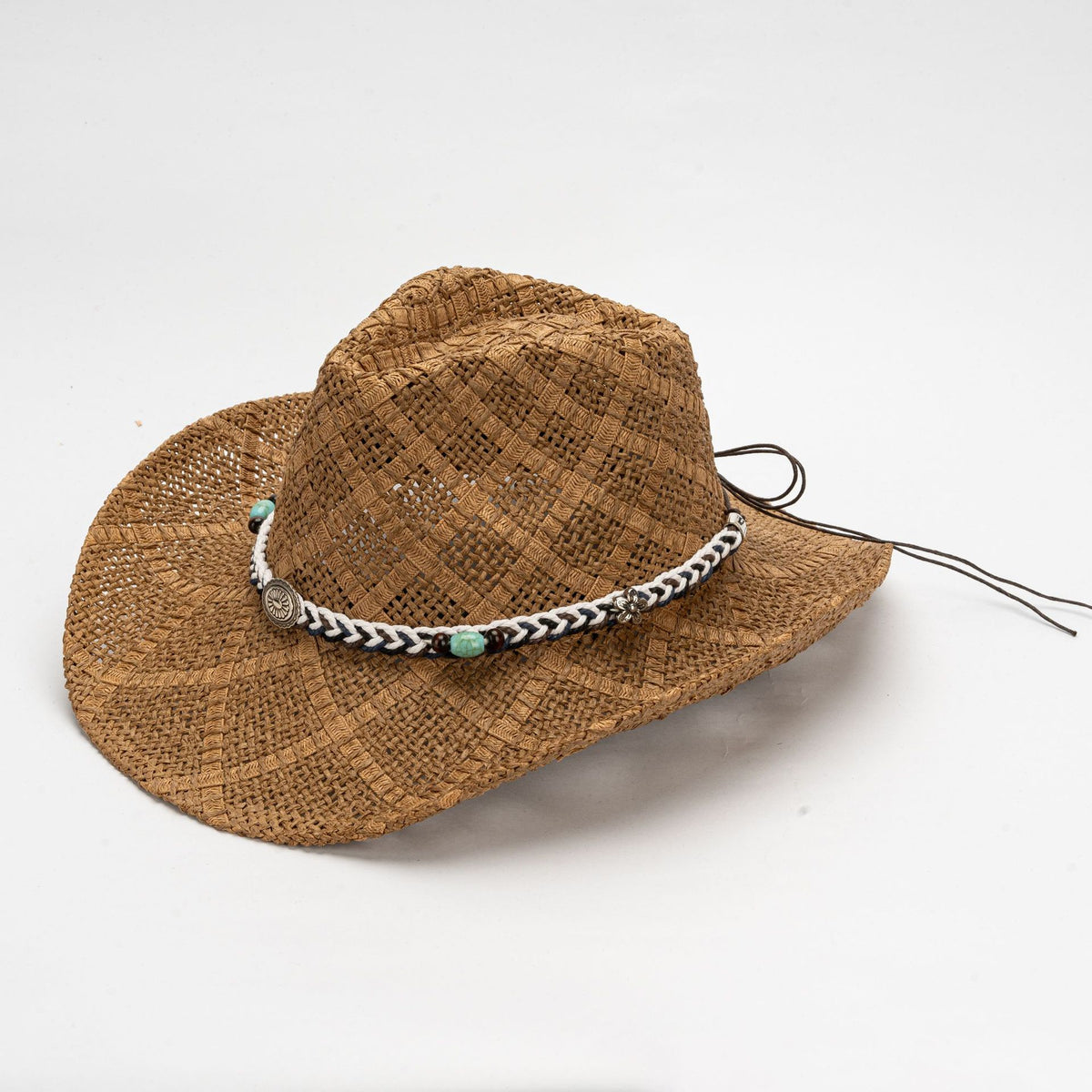 Khaki Handmade Straw Cowboy Hat, Summer Sun Hat, Outdoor Sun Protection, Fits Head Size 58-59cm