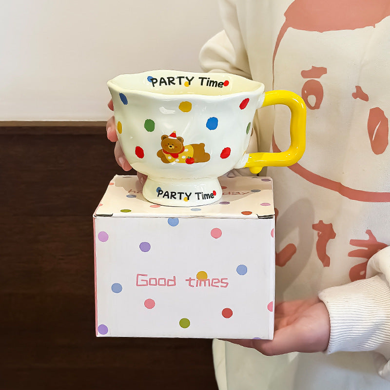 Polka Dot Bear Cute Ceramic Mug for Women - 370ml Kawaii Coffee Tea Cup Home Use