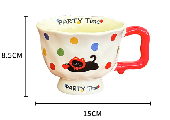 Polka Dot Kitten Cute Ceramic Mug for Women - 370ml Kawaii Coffee Tea Cup Home Use