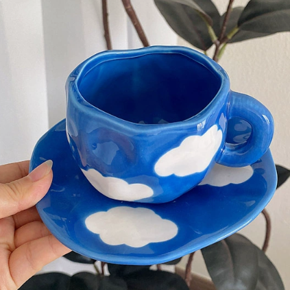 Blue Sky and White Clouds 300ML Underglaze Hand-Pinched Cup and Saucer Set - Ceramic Coffee Mug Milk Cup Breakfast Set