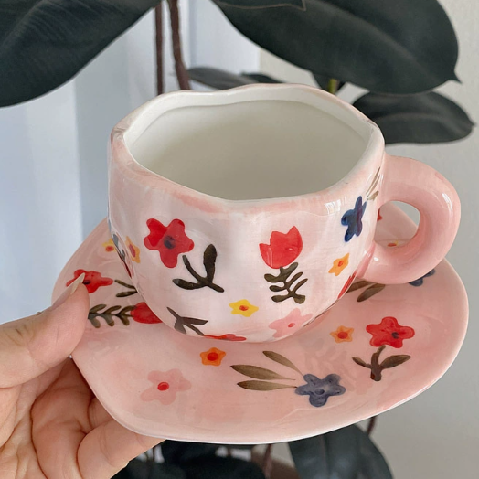 Pink Background Large Floral 300ML Underglaze Hand-Pinched Cup and Saucer Set - Ceramic Coffee Mug Milk Cup Breakfast Set