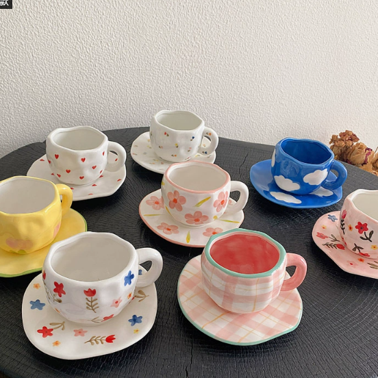 Pink Background Large Floral 300ML Underglaze Hand-Pinched Cup and Saucer Set - Ceramic Coffee Mug Milk Cup Breakfast Set
