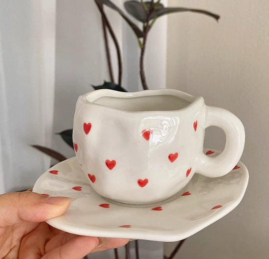 White Background Little Heart 300ML Underglaze Hand-Pinched Cup and Saucer Set - Ceramic Coffee Mug Milk Cup Breakfast Set