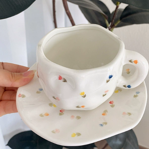 White Background Little Floral 300ML Underglaze Hand-Pinched Cup and Saucer Set - Ceramic Coffee Mug Milk Cup Breakfast Set
